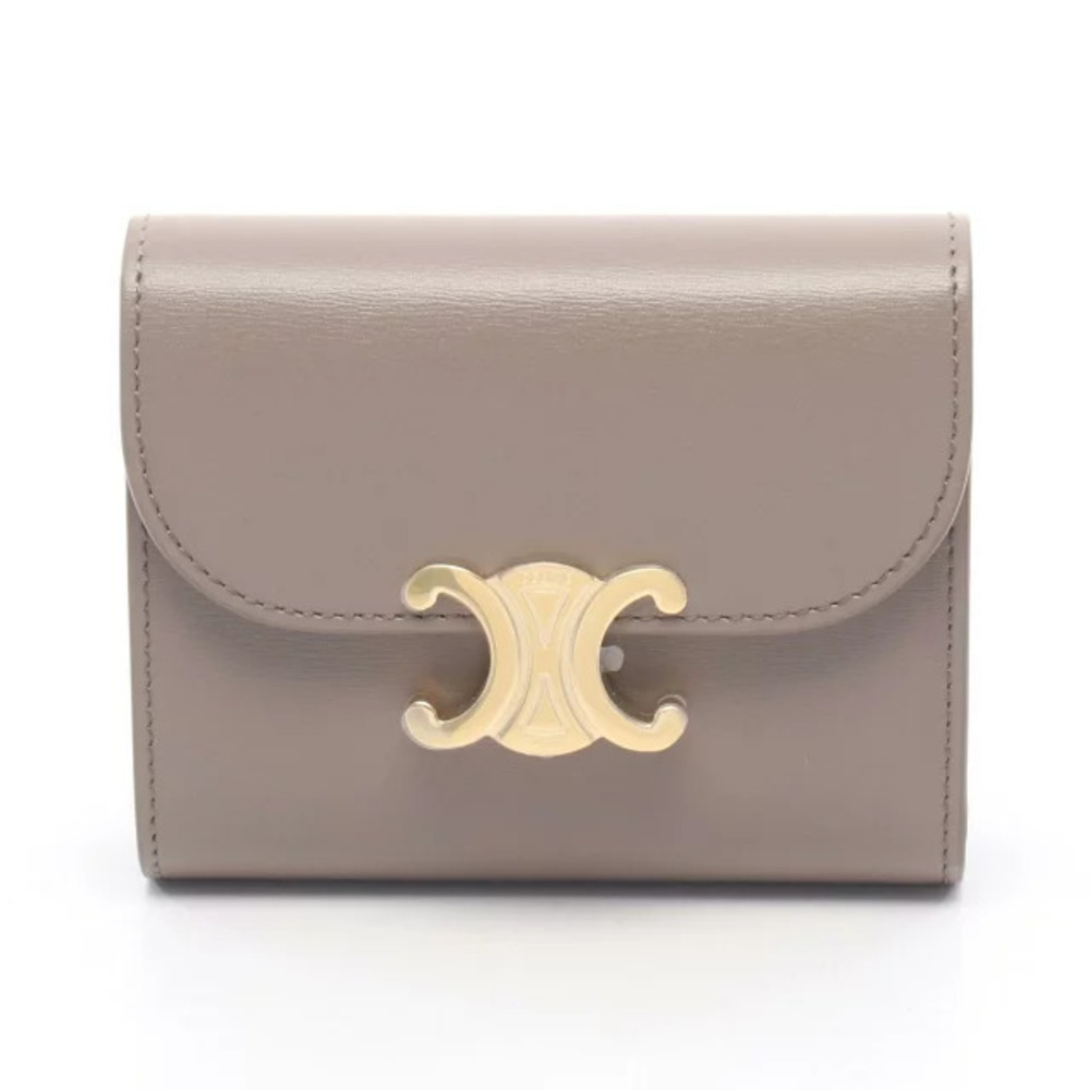 Celine Triomphe Flap Wallet Tri fold Leather Beige Cream
